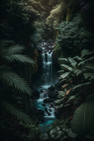 Waterfall in the forest with palm trees and green leaves, Hawaiiの素材