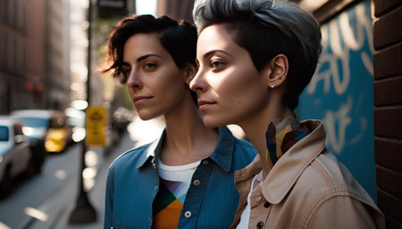 Portrait of two beautiful young women in the city. Street fashion.の素材