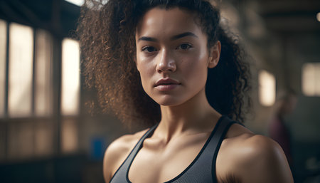 Portrait of young african american sportswoman in gymの素材