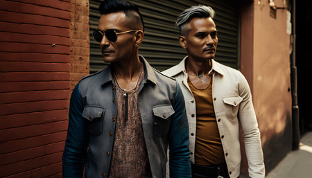 Two stylish african american men in sunglasses. Men's beauty, fashion.の素材