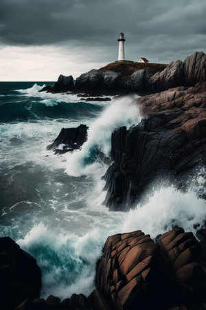 Lighthouse on a stormy day with waves crashing on the rocksの素材