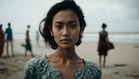 Portrait of young Asian woman looking at camera on the beach.の素材