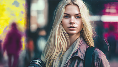 Portrait of a beautiful young woman with long blonde hair, wearing a leather jacket, posing in the city.の素材