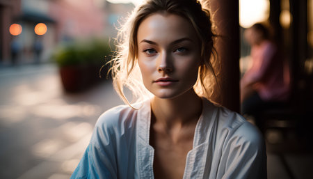 Portrait of a beautiful young woman in a white shirt on the streetの素材