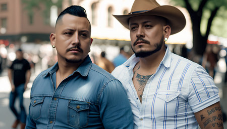 Portrait of two handsome young men wearing jeans shirts and cowboy hatの素材