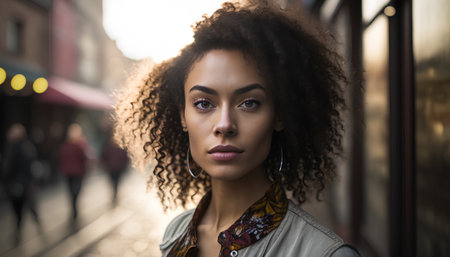 Portrait of a beautiful mixed race woman with afro hairstyle.の素材