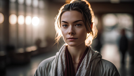 Close-up portrait of a beautiful young woman in a bathrobe.の素材