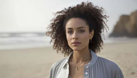 Front view of a beautiful mixed race woman with afro hairstyle standing on the beach.の素材