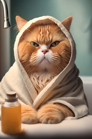 Cute ginger cat with a towel on his head and a bottle of shampoo in the bathroomの素材