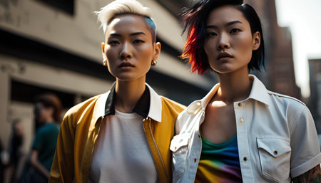 Portrait of two young asian women walking outdoors in the cityの素材