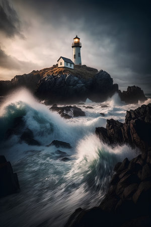 Lighthouse on the coast of Atlantic ocean in Brittany, France.の素材