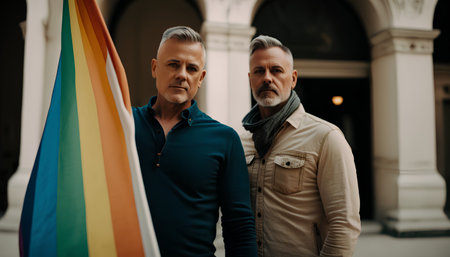 Portrait of two gay men with rainbow flag in the city.の素材