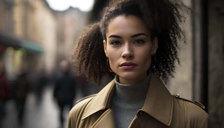 Portrait of a beautiful african american woman in beige coat.の素材