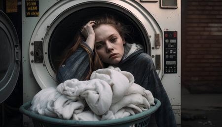 Sad young woman sitting in the laundry basket with dirty clothes. Washing machine.の素材