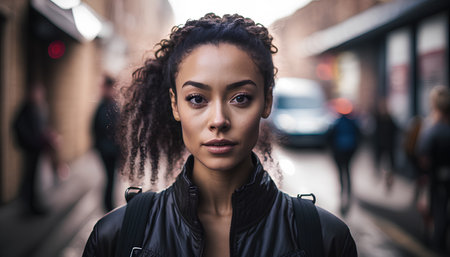 Portrait of a beautiful young woman with afro hairstyle in the cityの素材