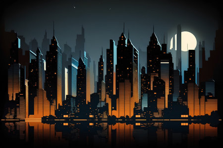 Night city with skyscrapers and reflection in water, vector illustrationの素材