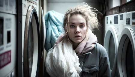 Young woman in front of washing machine in a dirty laundry room.の素材