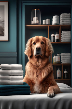 Cute Golden Retriever dog and stack of towels on the bed at the spa.の素材