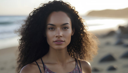Beautiful african american woman with curly hair on the beachの素材