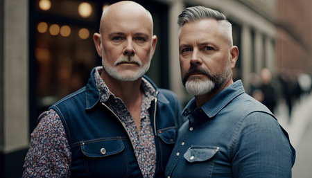 Portrait of two senior men in casual clothes walking in the city.の素材