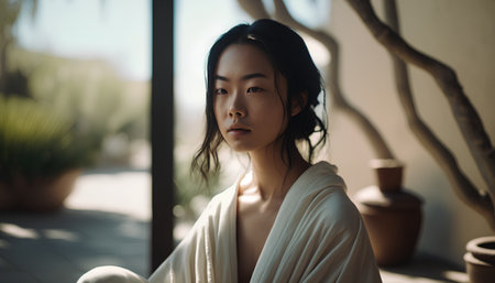 portrait of young beautiful asian woman in white bathrobe sitting on terraceの素材