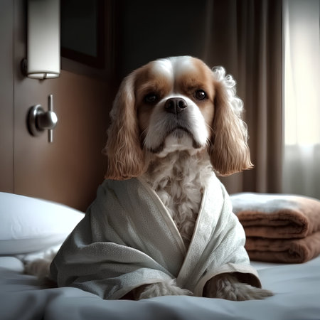 Cavalier King Charles Spaniel in a bathrobe on the bedの素材