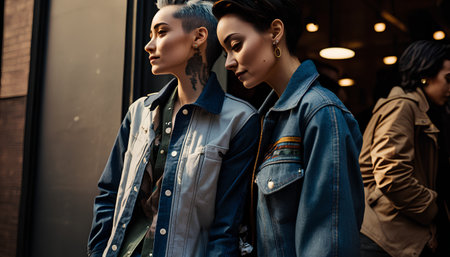 Fashionable young couple in jeans clothes on a city street.の素材