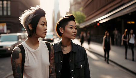 Two Asian women in casual clothes walking on the street in the city.の素材