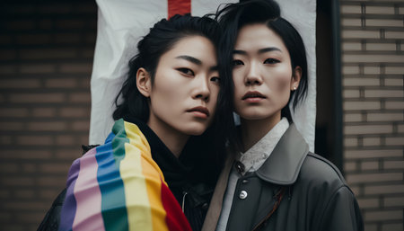 Two young asian women with rainbow flag in the street. LGBT concept.の素材