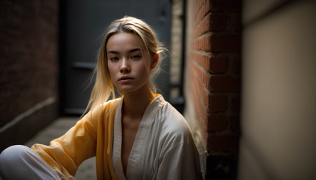 beautiful girl in a yellow robe sits on the windowsill.の素材