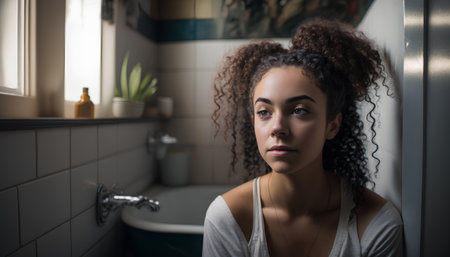 Portrait of a beautiful young woman with afro hairstyle in the bathroomの素材