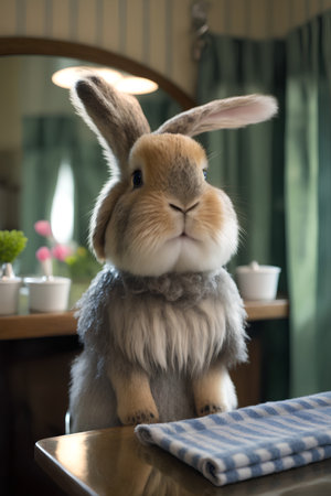 Cute rabbit sitting on the table in the room. Easter concept.の素材