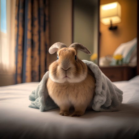 Rabbit with a towel on the bed in the hotel room.の素材