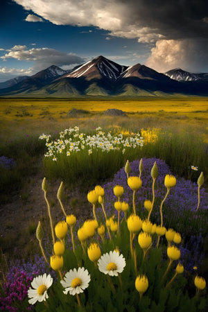 Wildflowers and Mount St. Helens in Yellowstone National Parkの素材
