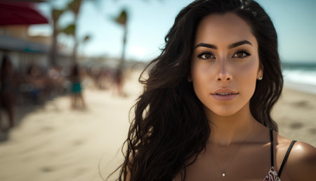 Close up portrait of a beautiful young brunette woman on the beachの素材