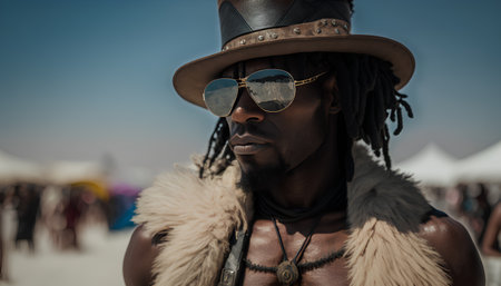 Portrait of african american man with dreadlocks wearing hat and sunglasses.の素材