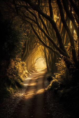 Path in the forest with beautiful light coming from the tree. Halloweenの素材
