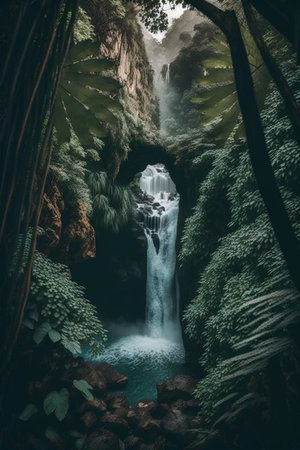 Tropical waterfall in the jungle. Tenerife, Spainの素材