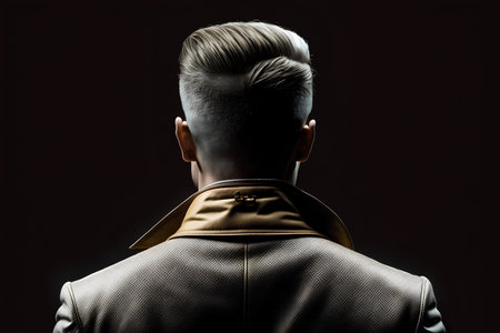 Back view of young man in leather jacket over dark background. Back viewの素材
