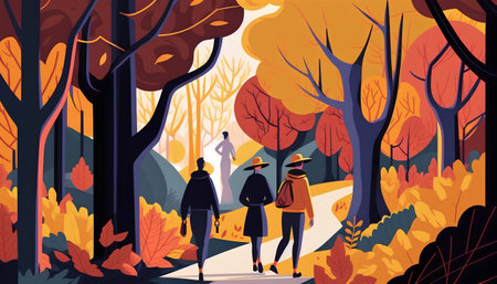 People walking in autumn forest, vector illustration. Fall season background.の素材