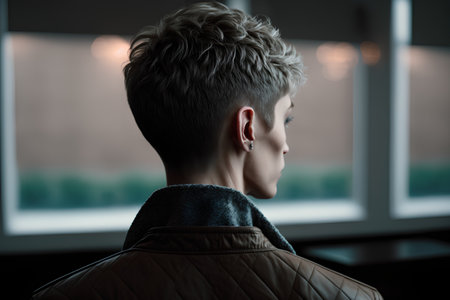 Young man with short blond hair looking out the window, back viewの素材