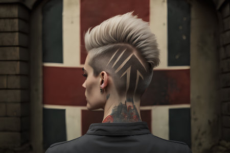 Close-up portrait of a tattooed young man with the flag of Iceland in the backgroundの素材
