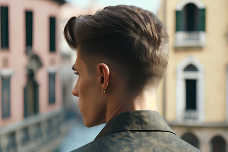Portrait of a young caucasian woman with short hair in Venice, Italyの素材