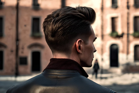 Portrait of a handsome young man with trendy hairstyle wearing leather jacket.の素材
