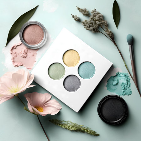 Cosmetic branding, blog cover and girly glamour concept - Eyeshadow palette and make-up brushesle background, eye shadows cosmetics product for luxury beauty brand holiday designの素材