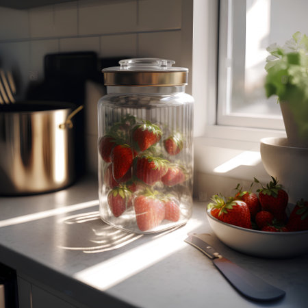 Strawberries in a glass jar on a kitchen countertop in sunlightの素材