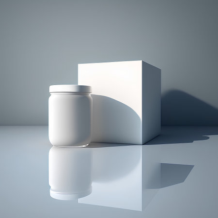3d rendering of a white jar on a blue background with a white boxの素材