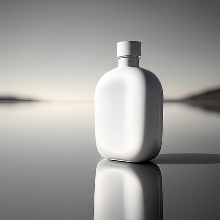 3d render of a plastic bottle with a cap on a reflective surfaceの素材