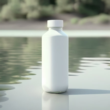 Plastic bottle on the background of the lake. 3d renderの素材