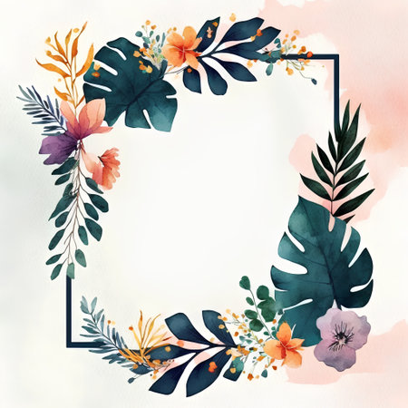 Watercolor tropical floral frame with leaves and flowers. Hand painted illustrationの素材